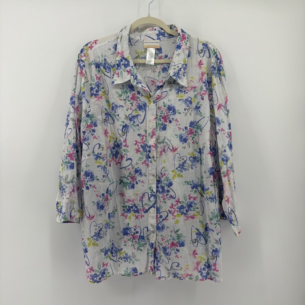 Alfred Dunner Womens‎ 3X White Floral Heart Print Button Down Metallic Shirt